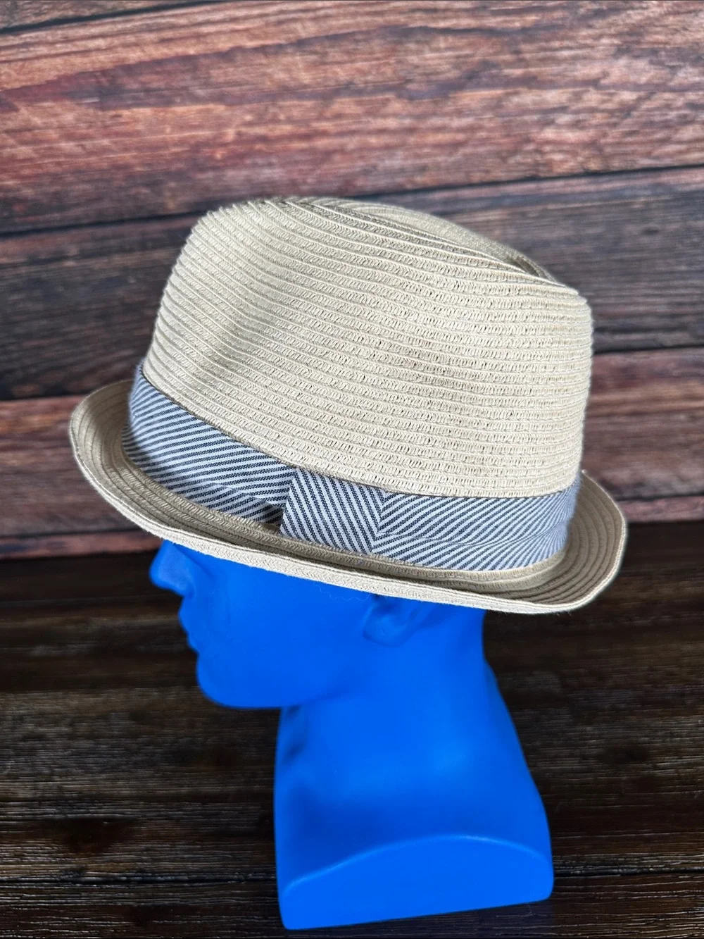 Glory by Goorin Beige Straw Fedora Hat with White and Navy stripped band!